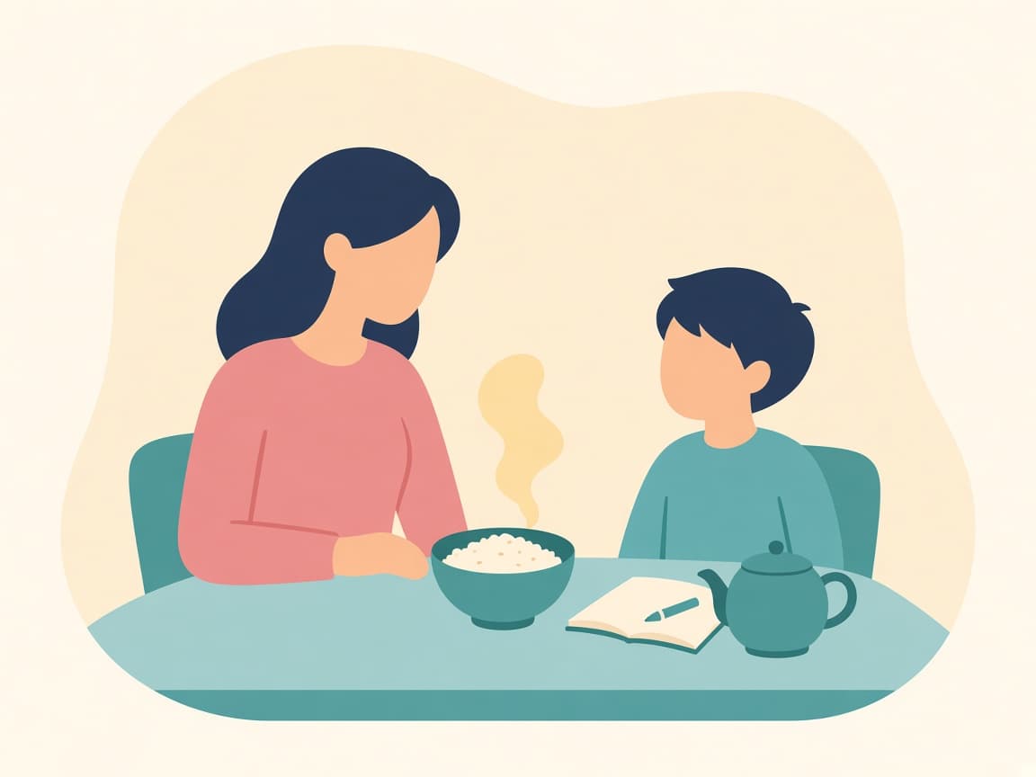 ご家族で温かいお茶づけを囲むイラスト