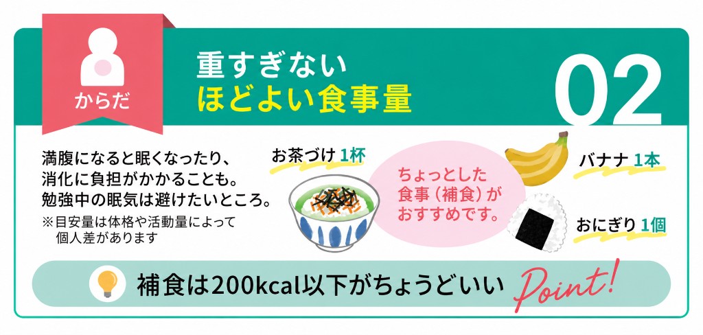 からだ：重すぎないほどよい食事量。満腹になると眠くなったり消化に負担がかかることも。補食は200kcal以下がちょうどいい。